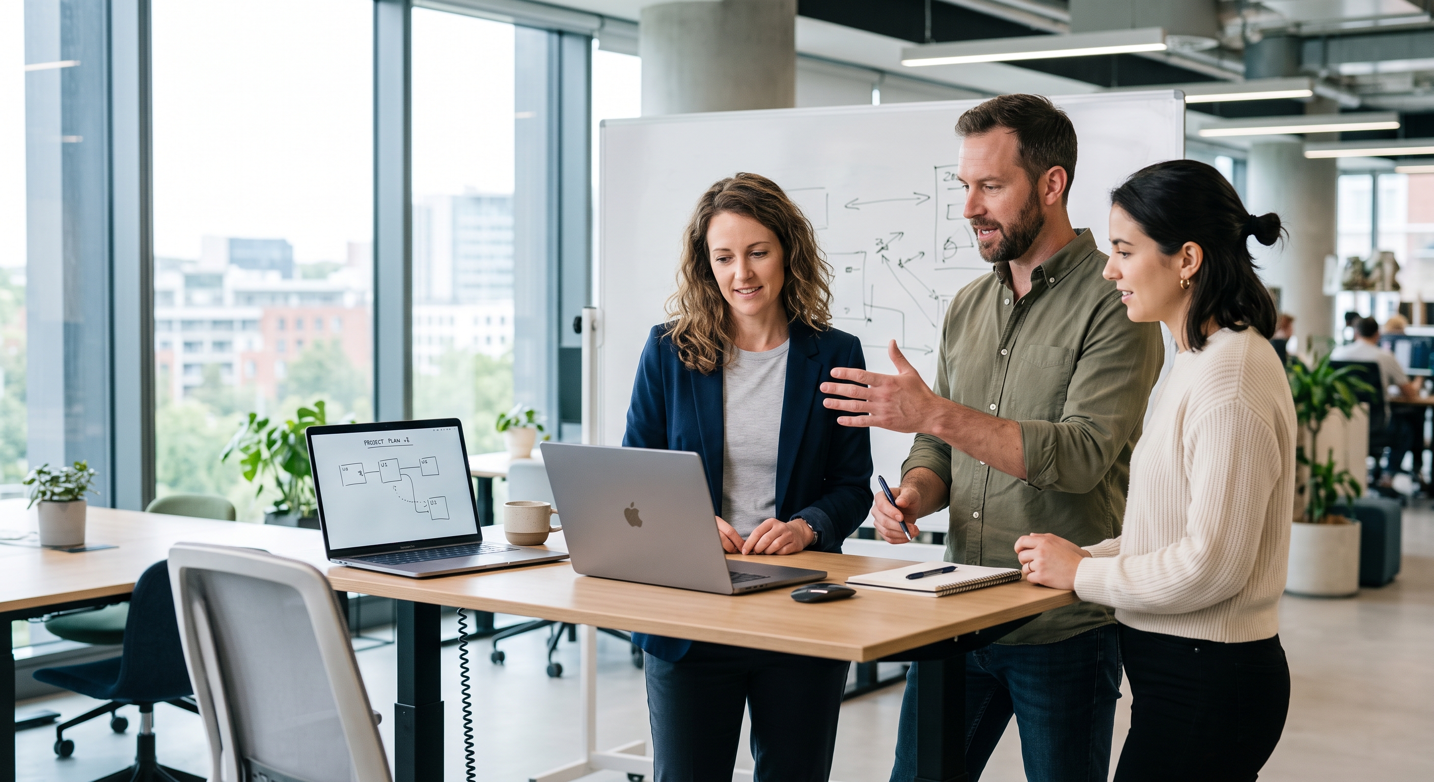 Three colleagues discussing a project plan around laptops in a bright office