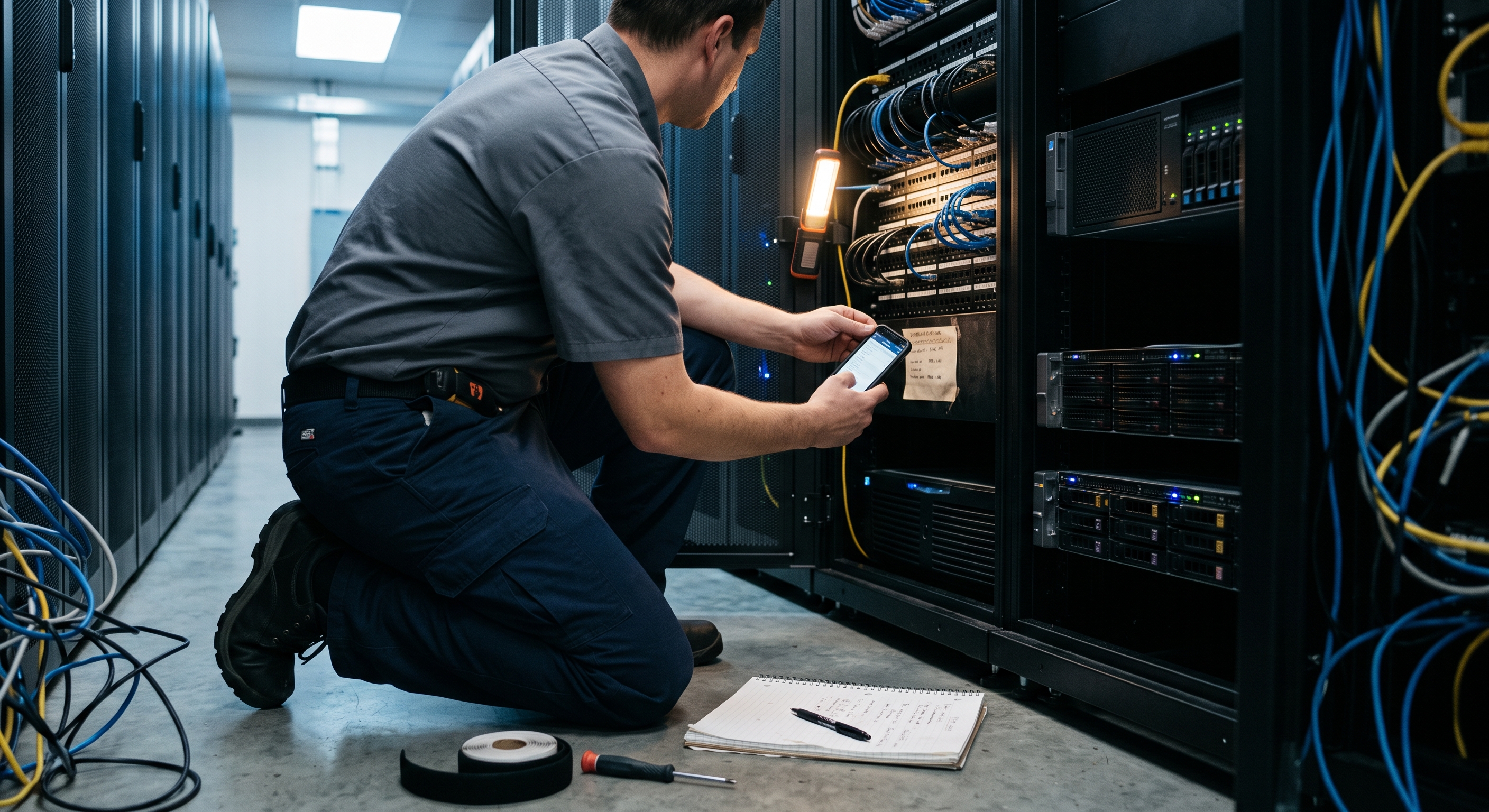 A technician kneeling in front of an open rack, checking a label with a phone