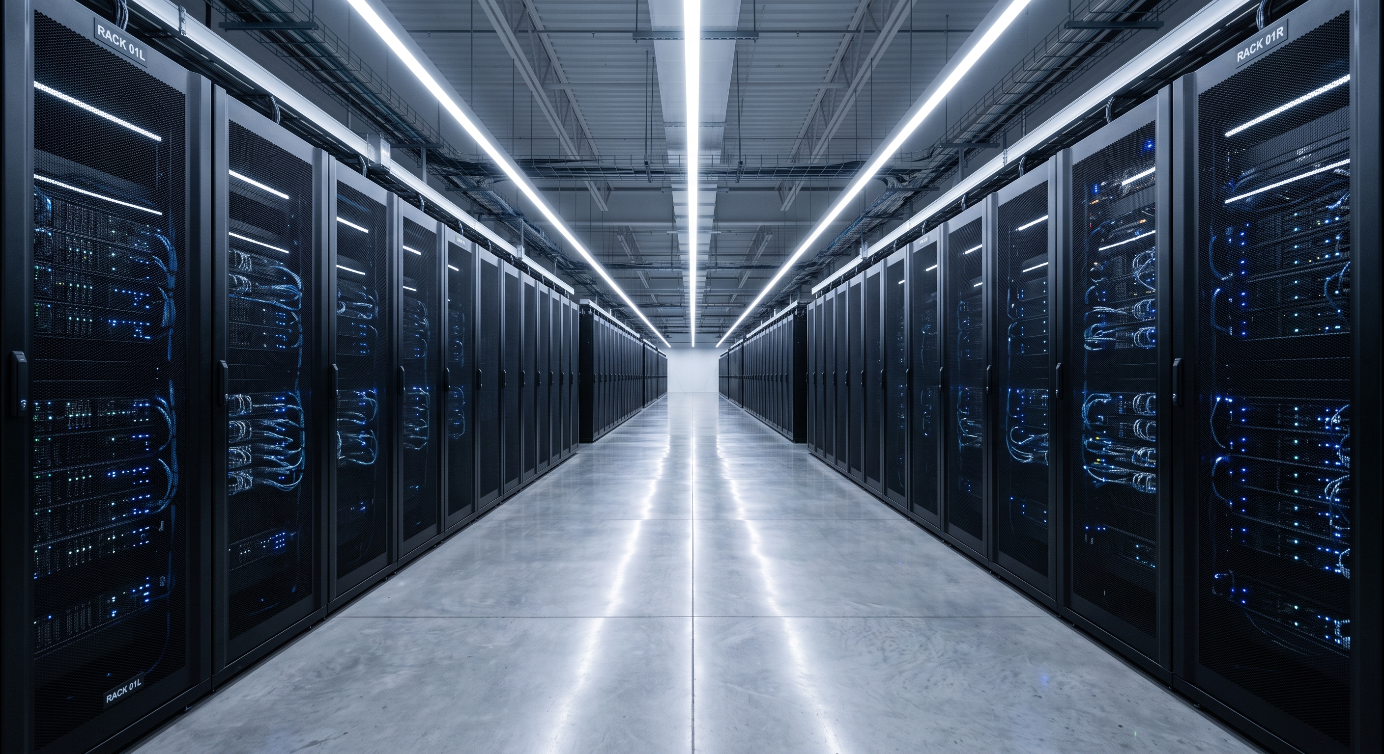 A secure data center aisle with rows of server cabinets lit by blue status indicators