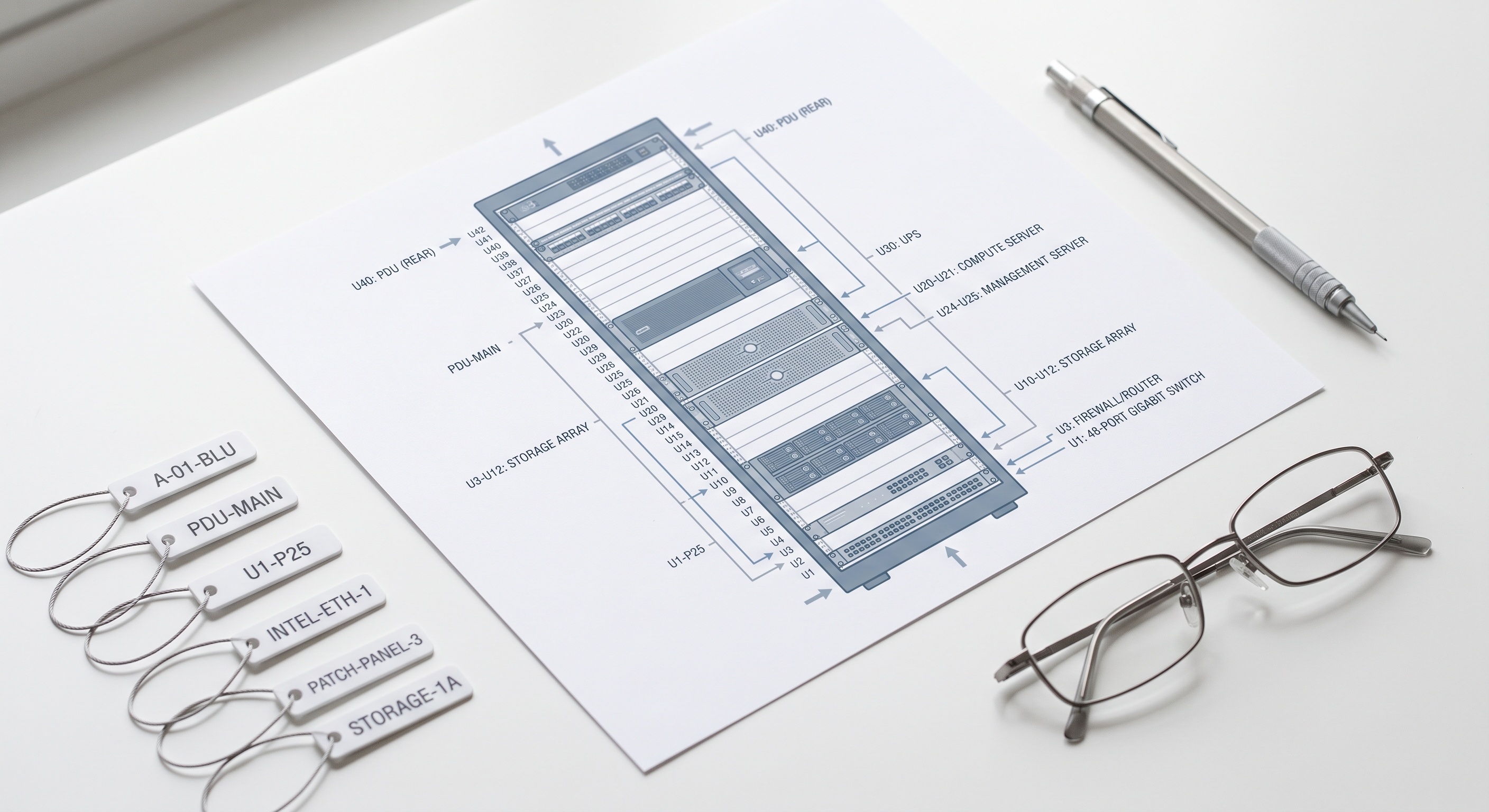 A rack diagram, cable labels, and reading glasses laid out on a desk