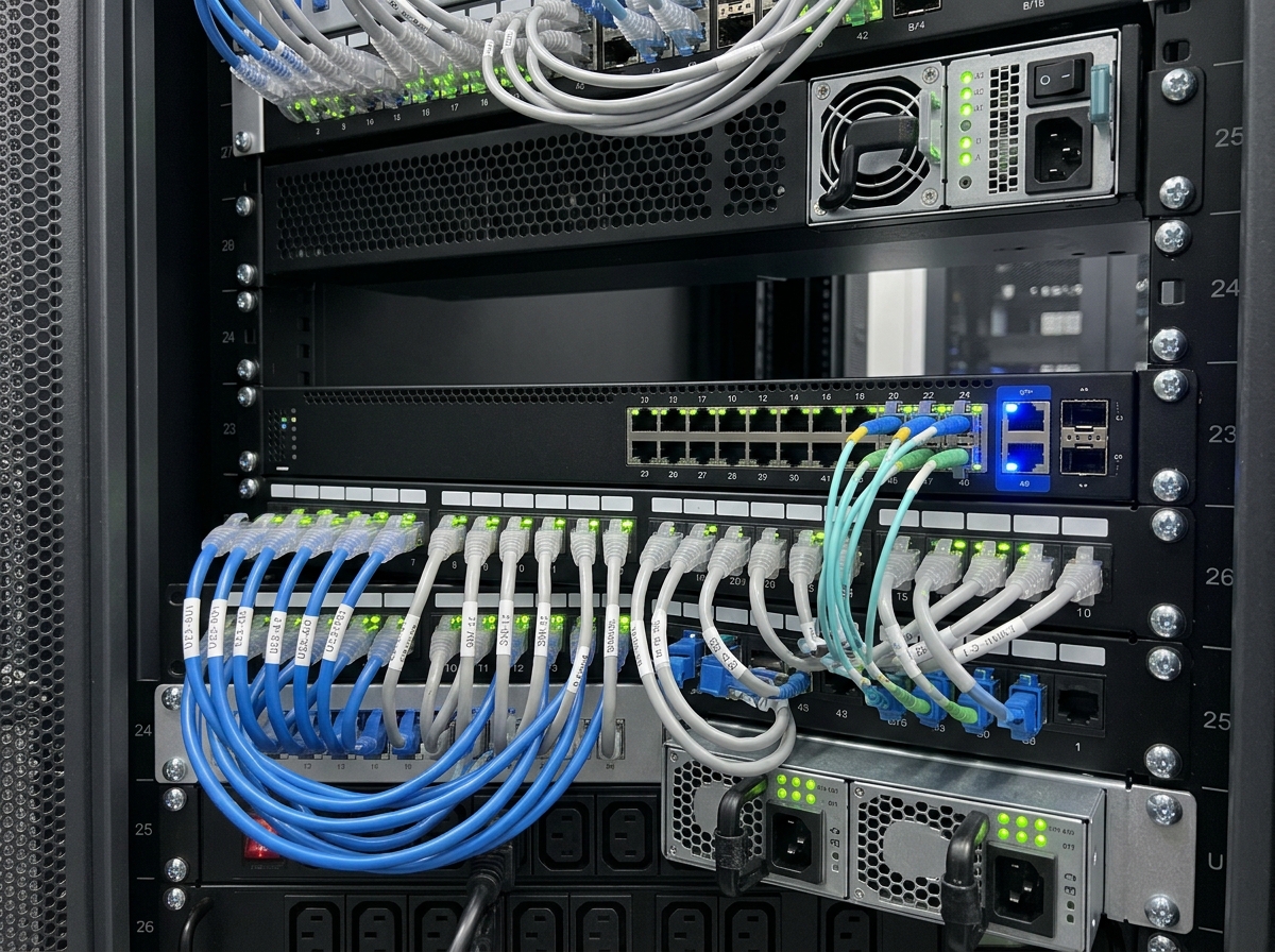 Network equipment with active ports and illuminated link indicators, verified by RackTrack