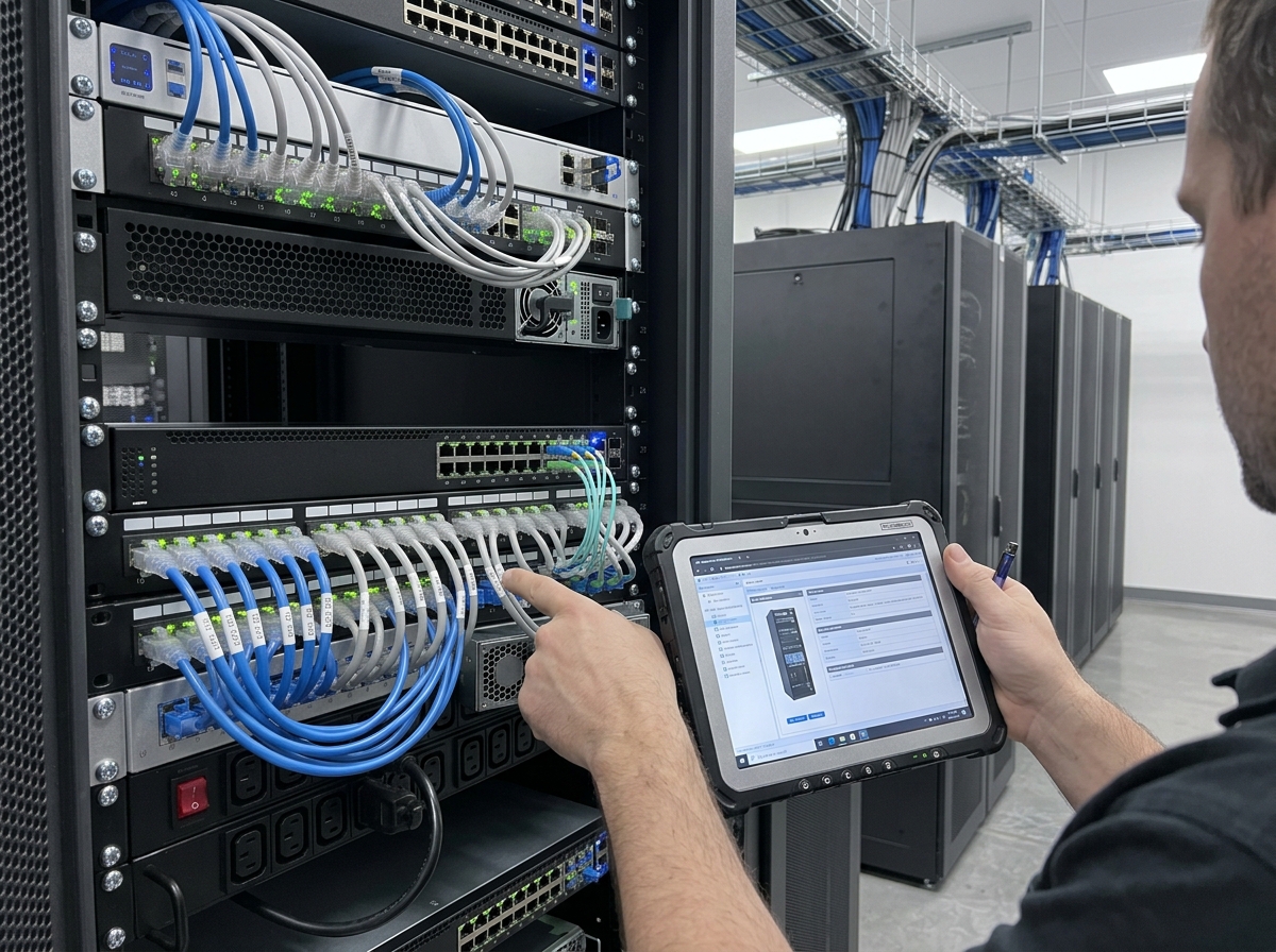 A technician documenting a rack change with a tablet beside live equipment