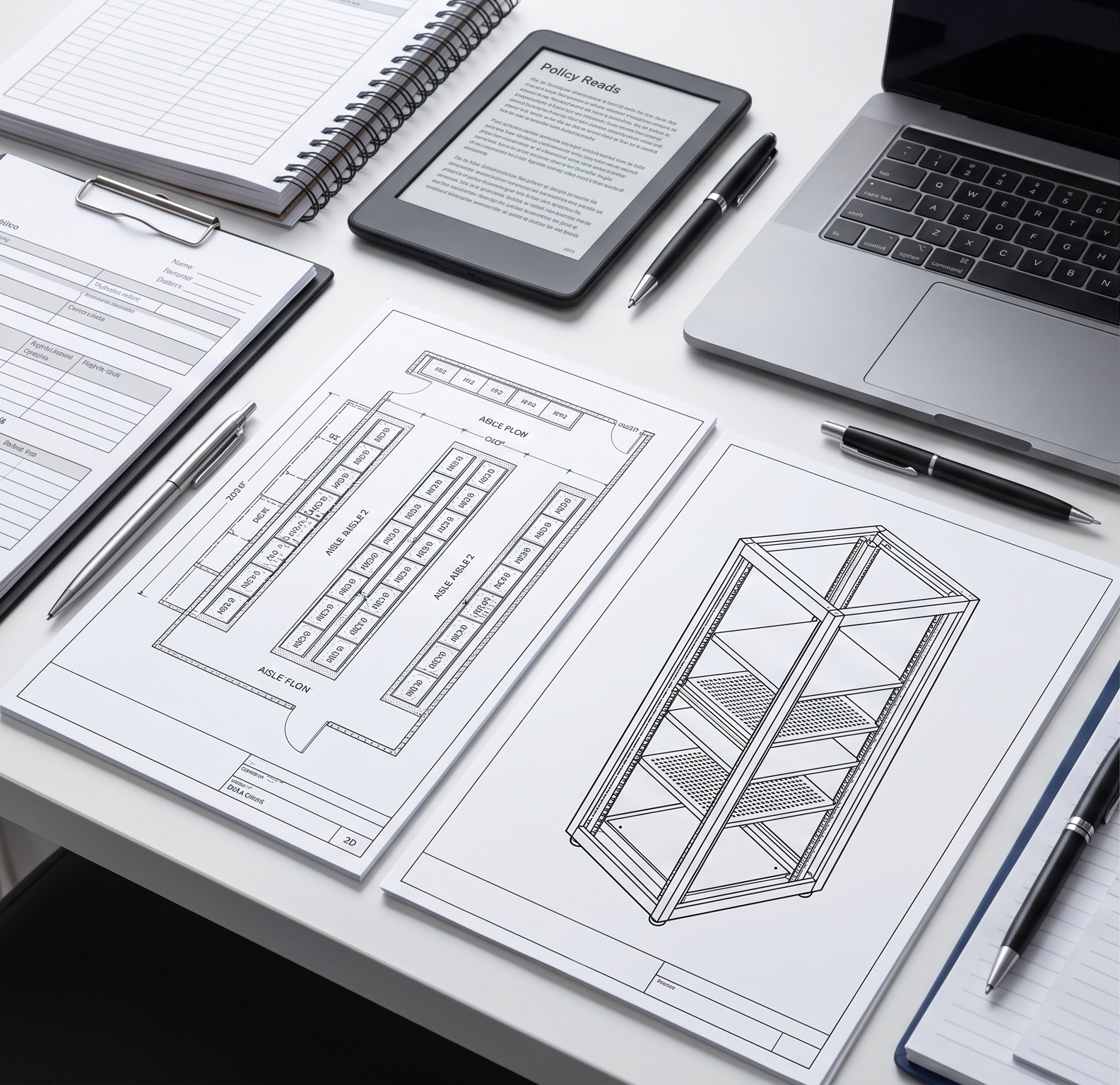 A desk with rack floor plans, elevation diagrams, and a laptop laid out for an audit review