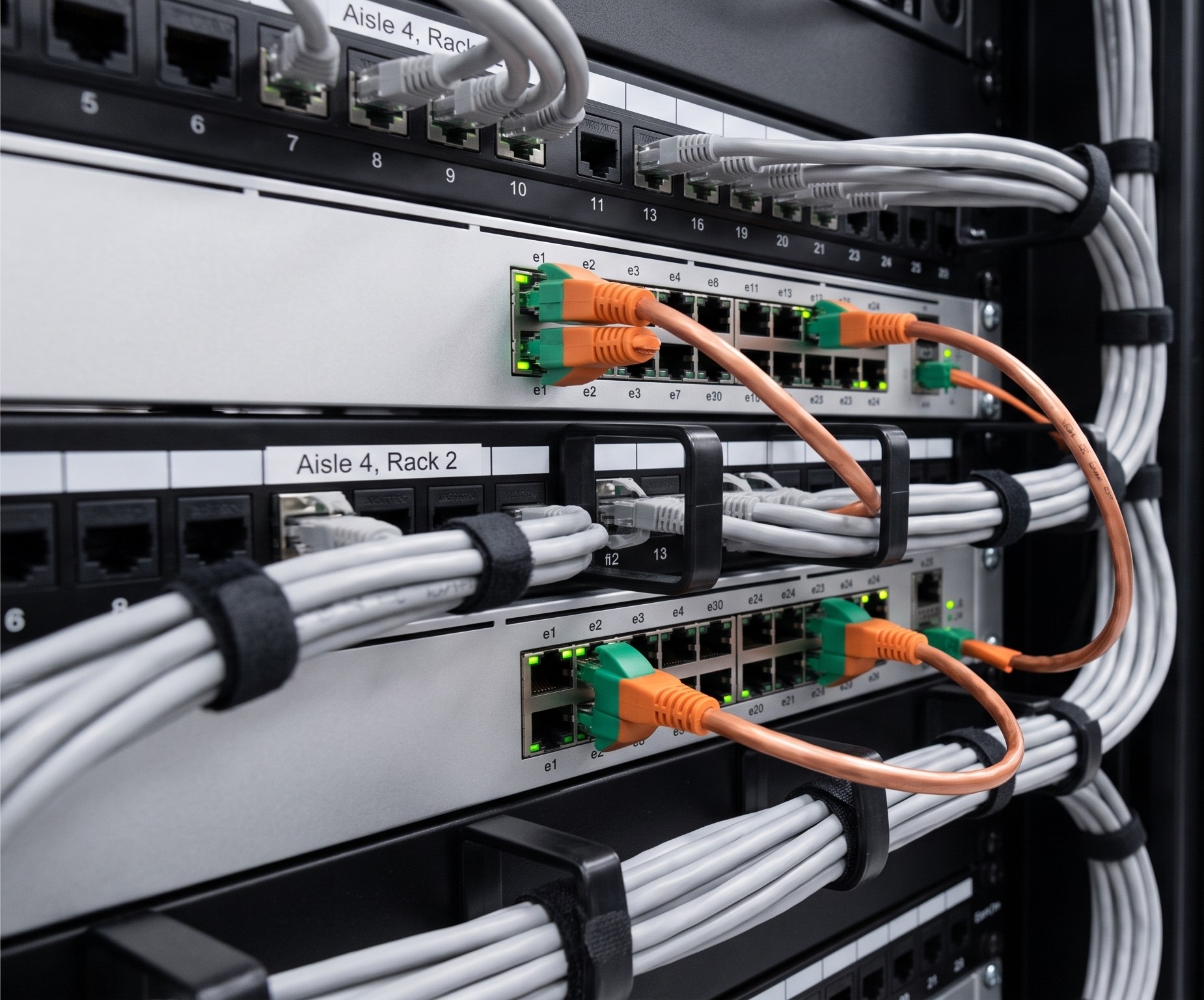 Copper patch cables tracing a physical path between two switch ports labelled Aisle 4, Rack 2