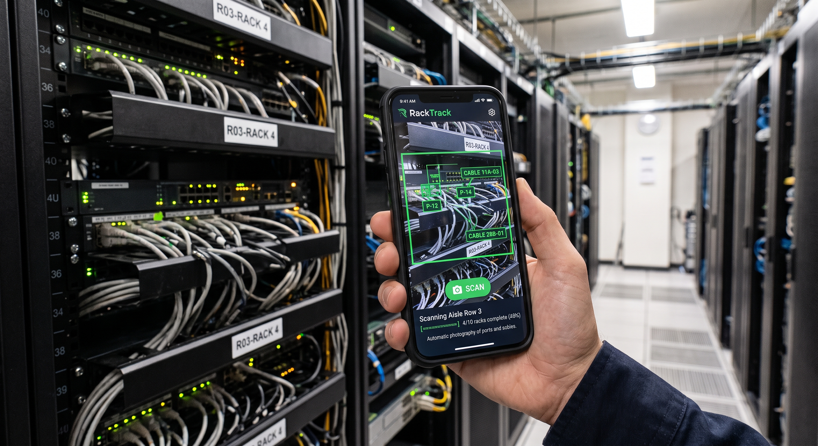A phone running the RackTrack app, scanning a rack aisle and identifying cables and ports in real time