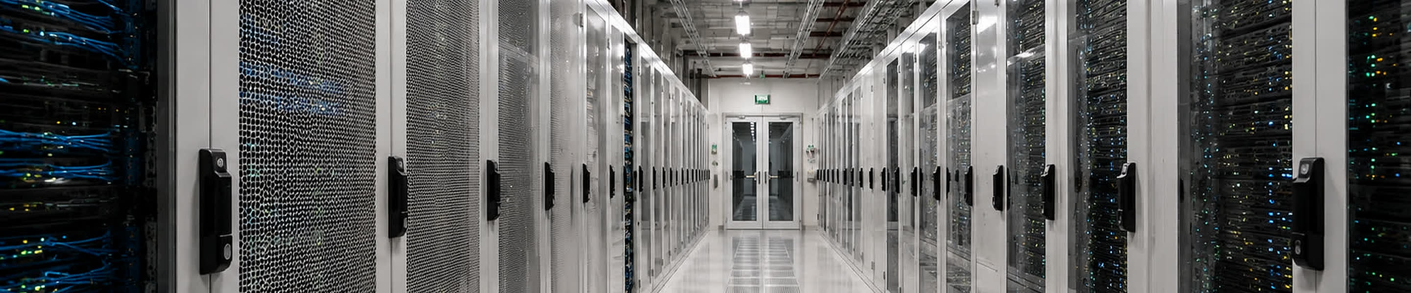 A data hall aisle running between two rows of cabinets