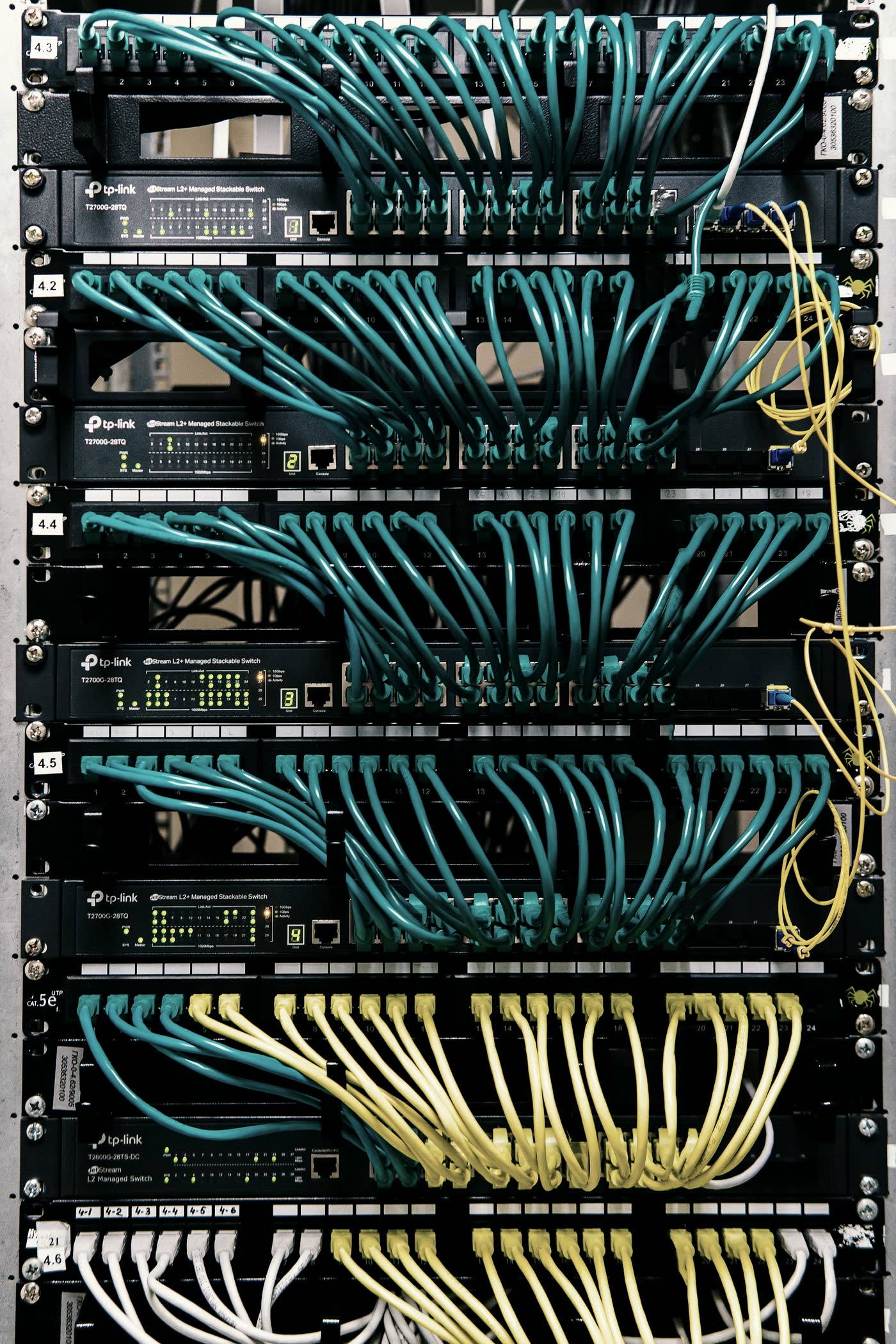Patch cabling terminated across switch ports in a data centre rack