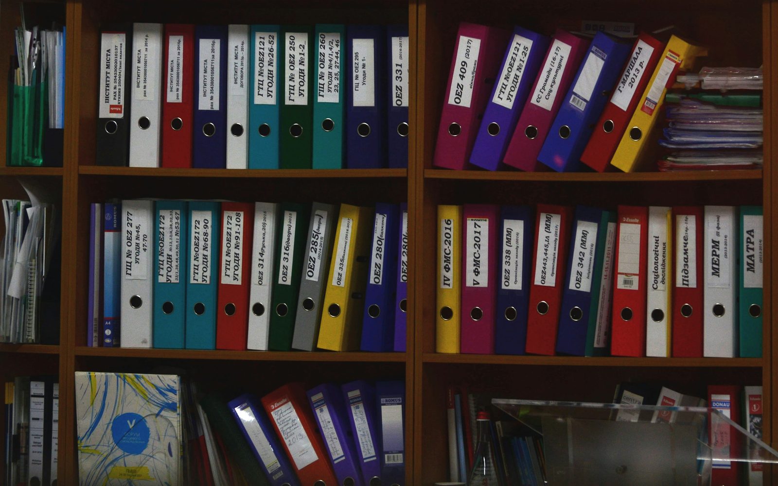 Shelves of labelled ring binders filed by year and reference number