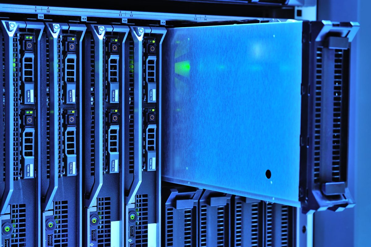 A blade chassis with link indicators lit across its installed devices