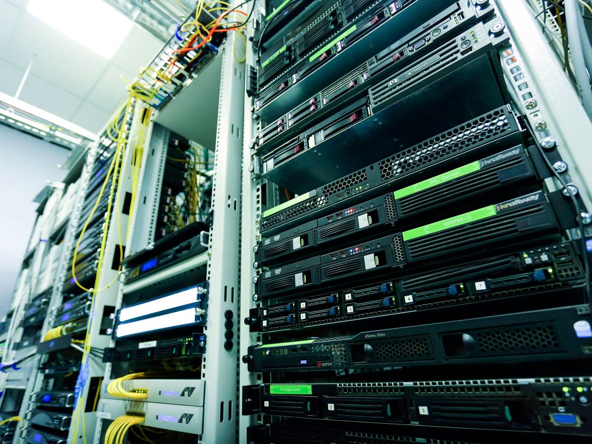 A single equipment rack cabled and racked in a secured hall