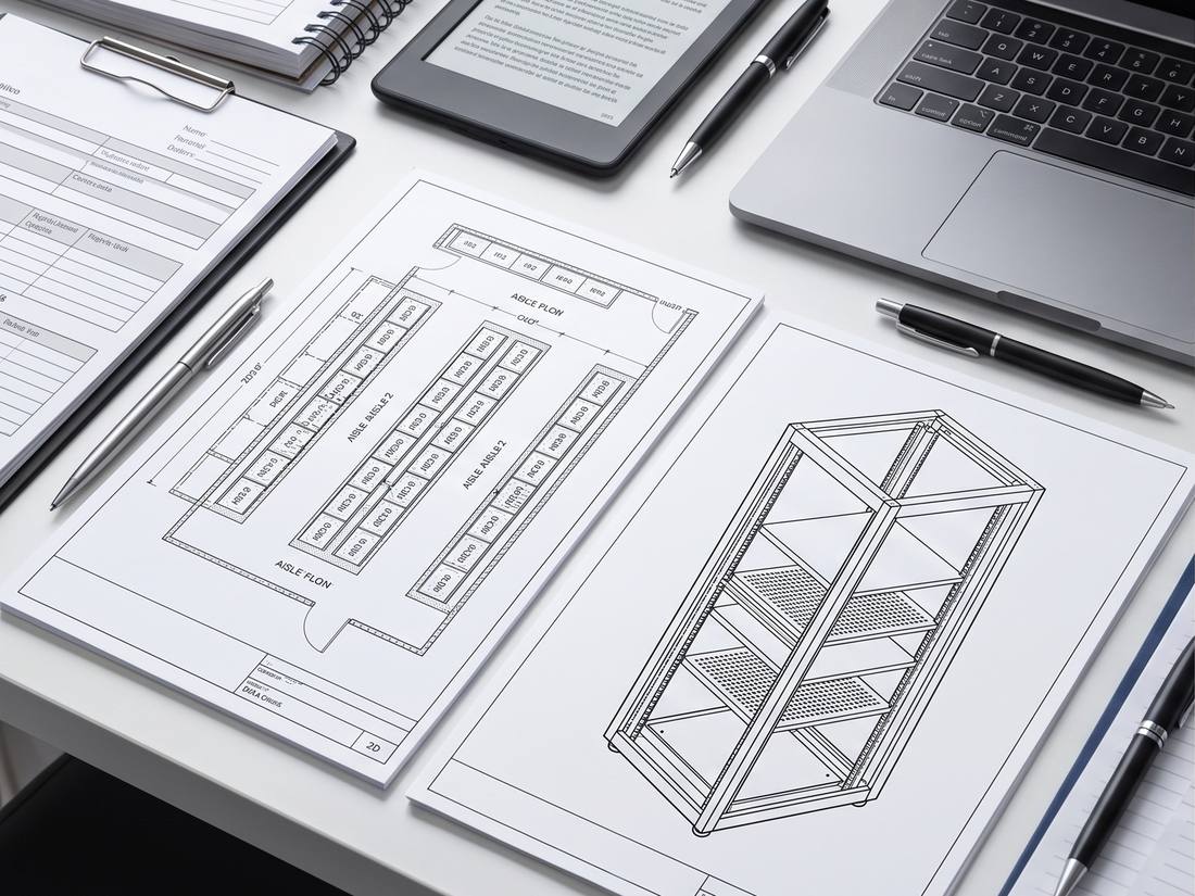 Printed floor plans and rack drawings on a desk