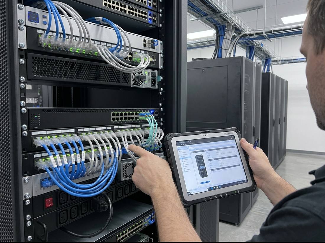 A technician checks a rack with a tablet